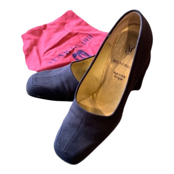 Vintage 90s BRUNO MAGLI Navy Square Toe Chunky Block Heels & Shoe Dust Bag - 7 B - Picture 2 of 16